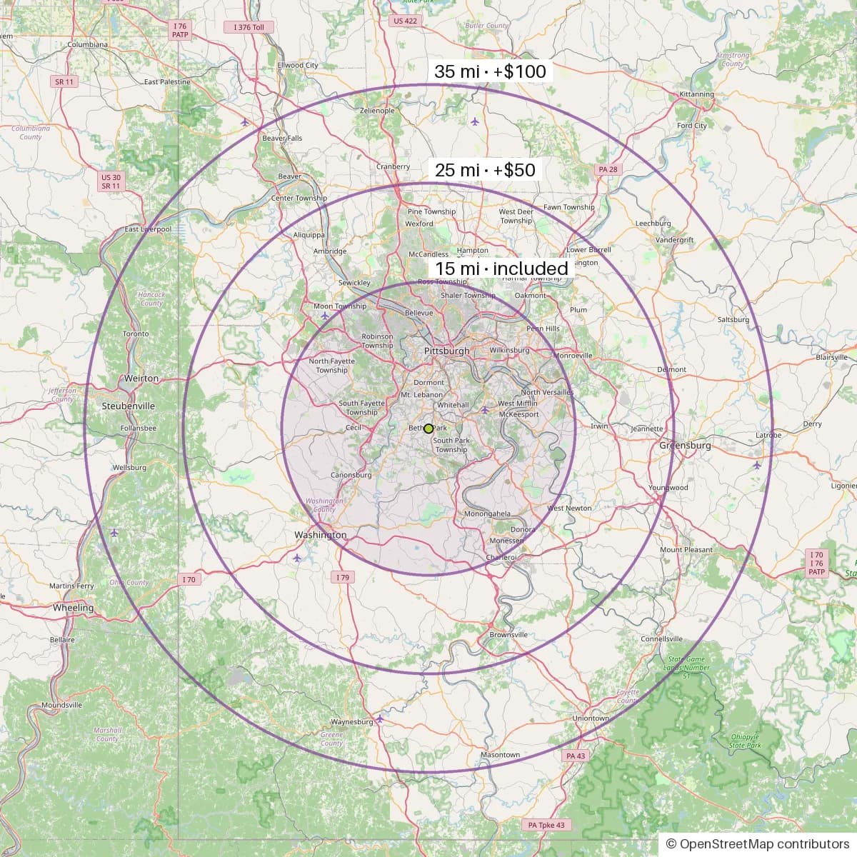 Map of delivery rings around Bethel Park: 15, 25 and 35 miles